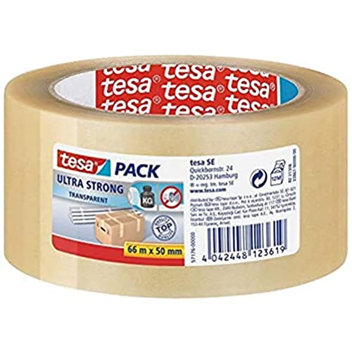 Tesapack Ultra Strong - סרט אריזה של PVC לאריזה מוצקה וקשר מאובטח - שקוף - 66 מ 'x 50 ממ