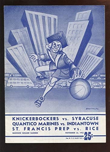 22 בנובמבר 1952 תוכנית NBA Syracuse Nats ב- New York Knickerbockers Vgex+ - תוכניות NBA