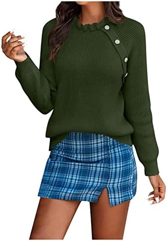סוודרים של סוודרים לנשים בצבע אחיד סוודר כפתור שרוול ארוך עם סוודרים של סוודר צוואר גלי