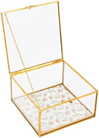קופסת תכשיטי זכוכית קטנה לזודקה למזכרות עם מסגרת מתכת זהב, מכסה ציר, עיצוב פרחוני וינטג '