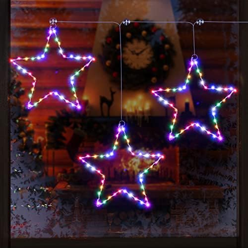 3 כוכבים נורות חלון נורות מיתר, אורות וילון לחג המולד רב צבעוני, אורות פיות עם 8 מצבי תאורה שלט מרחוק לחג המולד לשנה החדשה מסיבת נופש בית קישוט מקורה