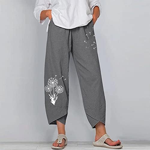 מקרית קיץ כותנה פשתן מכנסיים לנשים בבאגי ישר רגל מכנסיים גבוהה מותן ארוך מכנסיים עם כיסים נוחות מכנסי