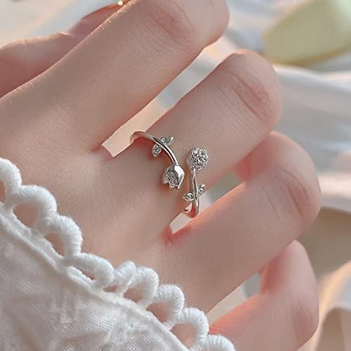 2023 חדש לבת שלי טבעת כסוף צורת פרח ורד ריינסטון טבעת מתכווננת טבעת ורד טבעת טבעת מינימליסטית למתנת טבעת 3 חלקים שלה לנשים