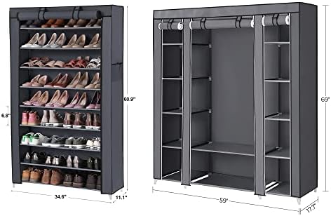 Songmics Songmics ארון ארונות נייד עם מתלה נעליים בן 10 שכבות, מארגן ארונות ואחסון, מארגן ארונות נעליים, עם כיסוי אבק אבק, בד לא ארוג, אפור ULSF03G ו- URXJ36G