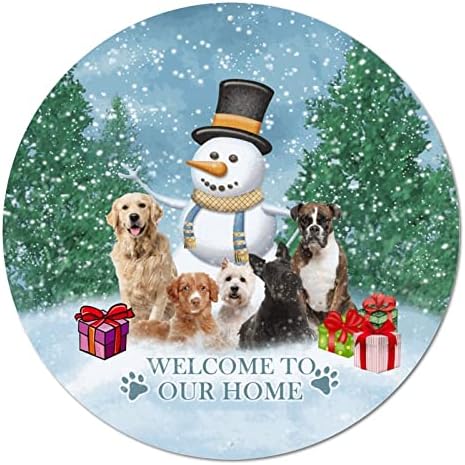 ברוך הבא לכלבי השלג הביתי שלנו וינטג 'מתכת עגולה שלט פח פלאק מעגל מתכת שלט מתכת שלט בר חלוד שלט בר רטרו זר לחג המולד של חג המולד Farmhouse פאב קישוט 12 אינץ'
