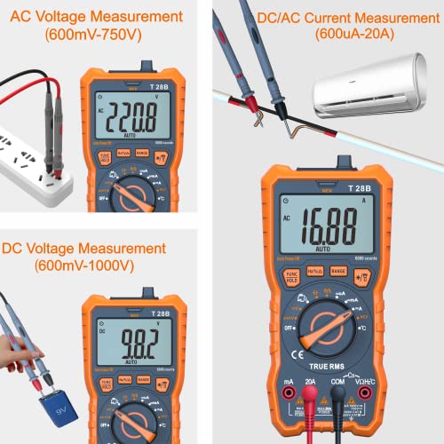 True RMS בודק מולטימטר דיגיטלי, טווח אוטומטי AC DC 20A OHMMTER 1000V מתח מתח עם NCV, מדוד טמפרטורת קיבולת מחזור מחזור מתח, עבור טמפרטורת קבלת מחזור מחזור, עבור AUTO HOME