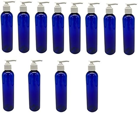 חוות טבעיות 12 חבילות - 8 גרם - בקבוק פלסטיק סחיטה ריק - כחול קוסמו עם משאבה לבנה - לשמנים אתרים, בשמים, מוצרי ניקוי