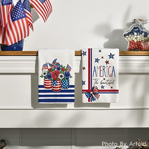 מצב ארטואיד פסים דגל אמריקאי כוכבים אגרטל טחנת רוח 4 ביולי מגבות מטבח מגבות כלים, 18 על 26 אינץ ' פטריוטי ליברטי דקור מגבות יד סט של 4
