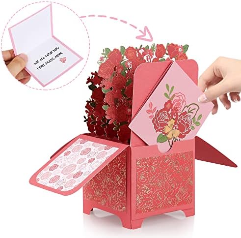 גיפו פרחים צצים כרטיס, ורד אדום, 3ד נייר פרחים זר כרטיסי ברכה עם כרטיס הערה ומעטפה ליום האם, יום הולדת, יום האהבה, כרטיס ימי נישואין, כל אירוע
