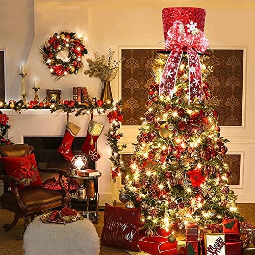 כובע טופר עץ חג המולד, 2022 סוכריות אדומות קשת קשת קשת עץ חג המולד טופרים עליונים עם אור סרט 6.5ft אור, חג המולד המבריק של עץ סנטה טופרים קישוטי חג המולד לעיצוב חג