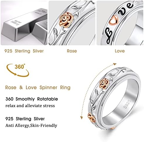 טבעת בלנה טבעת סטרלינג חרדה מכסף מקלה על טבעות ספינר ורד פרח חמניות טבעת טבעת ADHD אוטיזם מתח מתח מקלה על נשים גברים