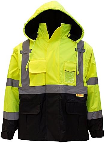 NY Hi-Viz Weakwear J8511/J8512 ANSI גברים כיתה 3 מעיל בטיחות נראות גבוה עם רוכסן, כיס PVC, תחתון שחור