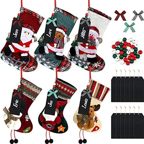 ג'רפי 6 חבילה 2 גודל גרבי חג מולד בהתאמה אישית עם 18 חתיכות תגי שם תלויים עץ גרב תגי שם חבל חרוזי עץ