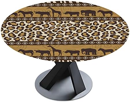 אלזה מצויד עגול מפת שולחן עם אלסטי קצה לנגב נקי אפריקאי הדפס מנומר שולחן בד לשימוש חיצוני/פנימי,מתאים עגול שולחנות 48-56 קוטר,גדול