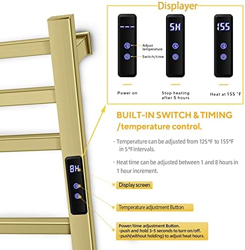 TWCC מגבת מחוממת חשמלית מתלה חם יותר לחדר אמבטיה, רכבת ייבוש חשמלית 10, מייבש עם תצוגת טיימר/פרנהייט, פלאגין או קיר קשיח רכוב, מגבת אמבטיה בחום ומייבשת