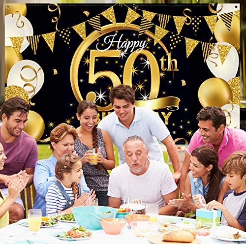 קישוט מסיבת יום הולדת בד גדול במיוחד פוסטר שלט זהב שחור ליום נישואין תא צילום רקע רקע באנר, אספקת מסיבת יום הולדת, 72.8 על 43.3 אינץ