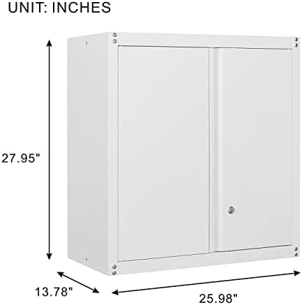 ארון אחסון מתכת של GreatMeet עם מנעול ודלתות, ארון אחסון קיר מפלדה, ארון עליון במוסך, ארון מתכת רכוב קיר למוסך, לבן