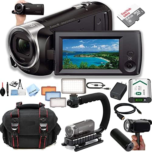 Sony HDR-CX405 HD HandyCAM + 64GB זיכרון + אור וידאו LED + U אחיזה ידית מייצבת + אחיזת יד + מקרה