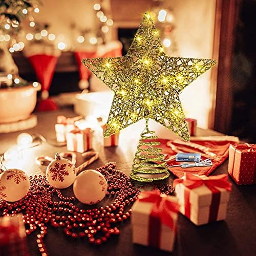 טופרי עץ חג המולד, טופר עץ כוכב נצנצים מואר עם 20 נורות LED לקישוטי עץ חג המולד, עיצוב מקורה מסיבת חג