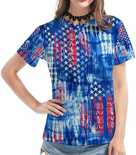 ארוך שרוולים לנשים נשים מקרית אמריקה דגל הדפסת צוואר קצר שרוול חולצה חולצות טיז נשים מקרית דק