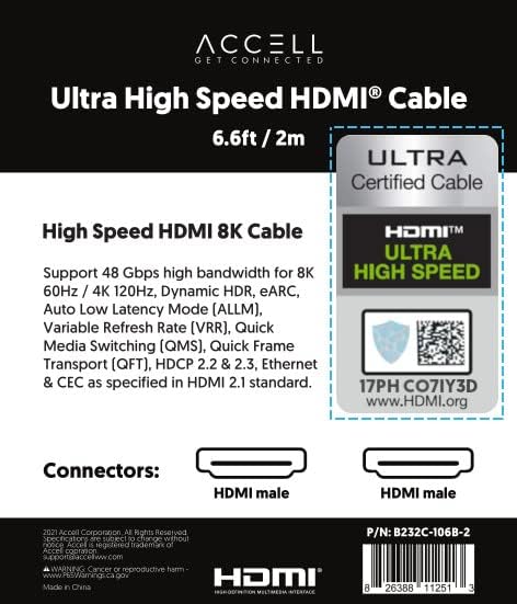 Accell HDMI 8K כבל מוסמך מהירות גבוהה במיוחד - 6.6ft / 2M