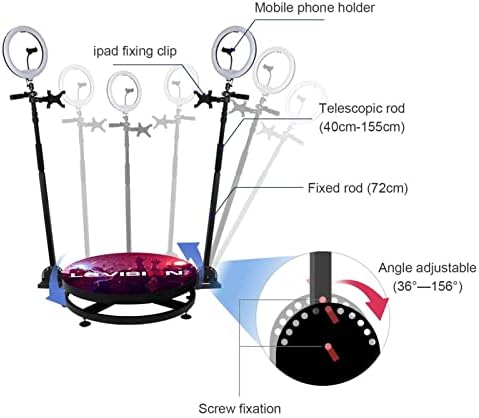 מכונת תא צילום 360 למסיבות שלט רחוק פלטפורמת ספינר אוטומטית ציוד סלפי היקפי בהילוך איטי עם אור טבעת ומעמד מתכוונן לשידור חי, חתונה